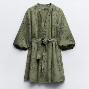 NWT Zara Olive Green Embroidered Floral Dress